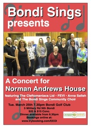 Bondi Sings, Norman Andrews House, The Cleftomaniacs Ltd, LEVI, Anna Salleh, Bondi Golf & Diggers Club